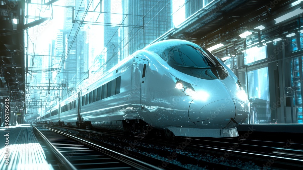 Poster detailed shot of a high-speed train approaching a station, showcasing its streamlined exterior and a