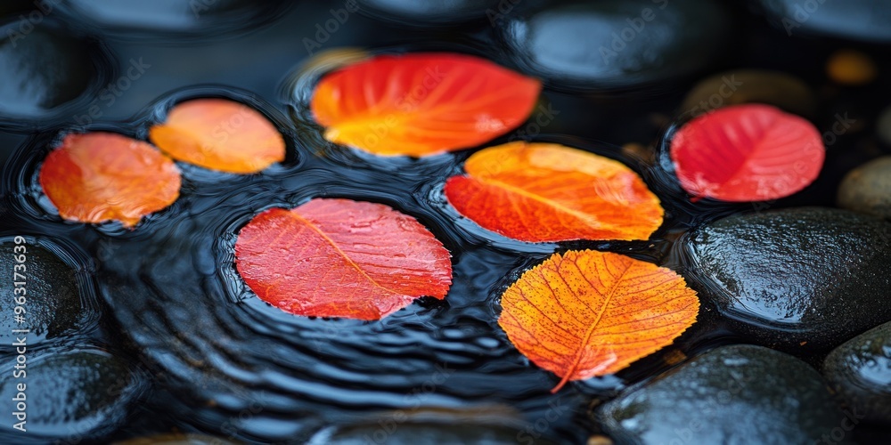 Poster Autumn Leaves Floating in a Stream with Smooth Stones