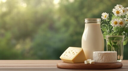 A rustic scene featuring a milk bottle and various cheeses placed on a wooden board with flowers in a natural outdoor setting.