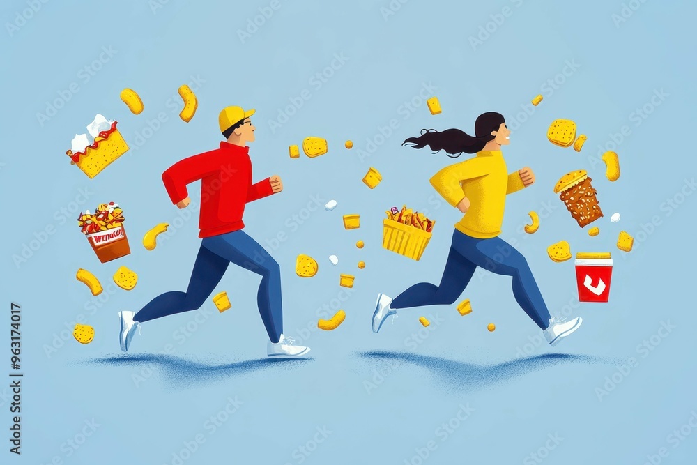 Poster cartoonish figures running and exercising while surrounded by tempting junk food creating a playful 