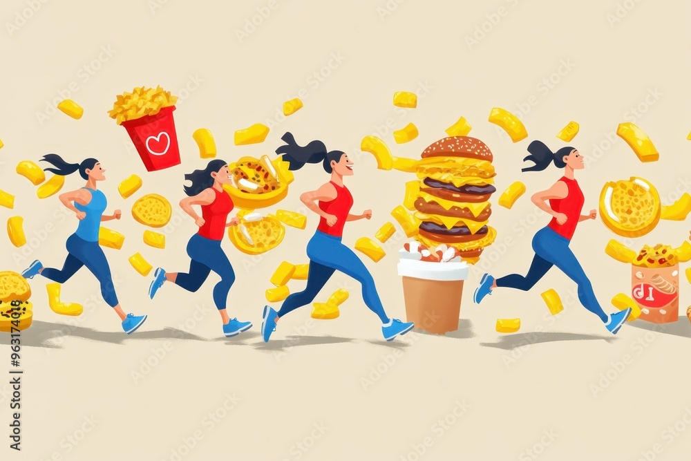 Poster cartoonish figures running and exercising while surrounded by tempting junk food creating a playful 