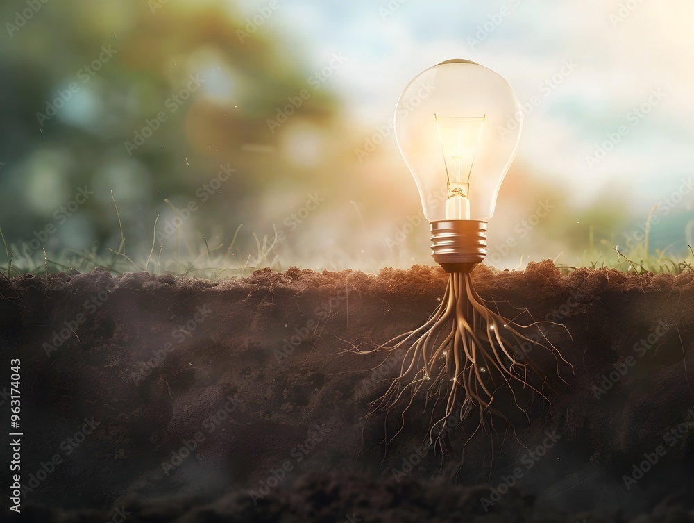 Poster lightbulb with rooted foundations symbolizing the growth of ideas in minimalist setting