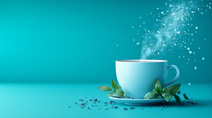 Steaming Cup of Tea with Mint Leaves on a Turquoise Background with Sparkling Effects