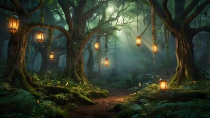  Fantasy Forest with Glowing Lanterns and Ancient Trees 