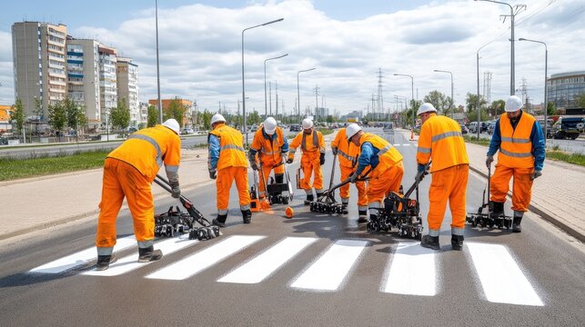 A highway worker dressed in reflective gear paints yellow stripes on a crosswalk while standing in shallow water on a city street, surrounded by trees and vehicles