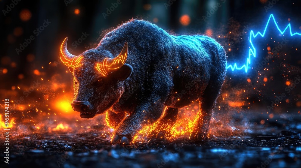 Poster a dynamic bull surrounded by fiery elements and glowing effects, symbolizing strength and market mom