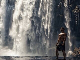 Obraz premium Bodybuilder Posing Before Cascading Waterfall Emphasizing Natural Power and Majesty