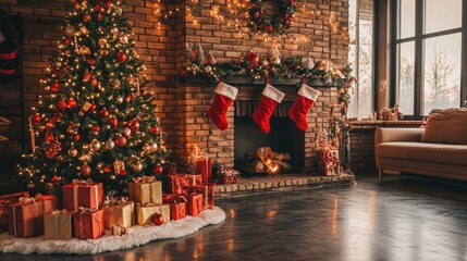Fototapeta premium Cozy Christmas living room with a decorated tree, stockings by the fireplace, and presents underneath.