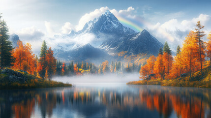 Obraz premium Mountain Reflection, A majestic mountain peak rises above a tranquil lake, reflecting the vibrant colors of a rainbow and enveloped in soft, swirling fog