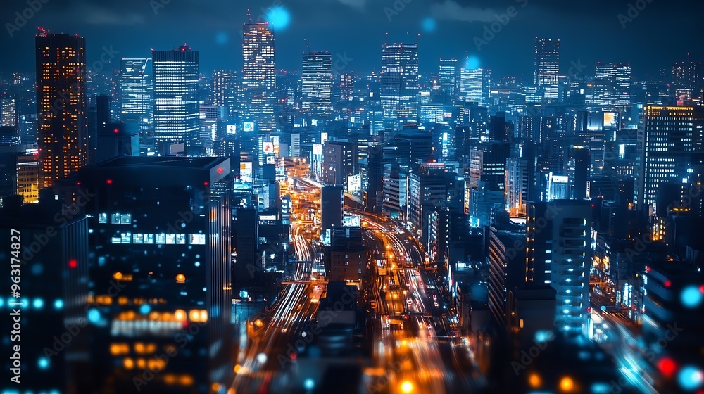 Poster modern city night view and digital communication network concept wide angle visual for banners or ad