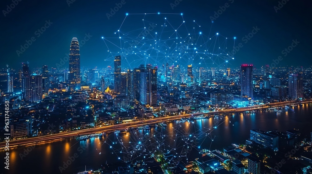 Poster Wireless network and Connection technology concept with Abstract Bangkok city background in panorama view : Generative AI