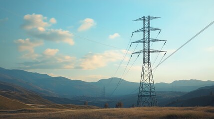 Detailed shot of a modern electricity transmission tower with a focus on the metallic framework and connecting power lines, set against a scenic backdrop.
