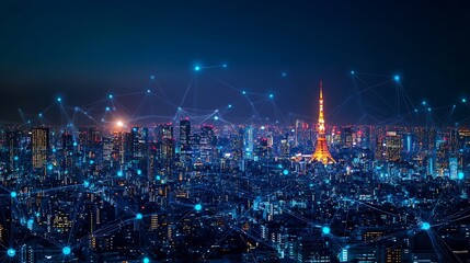 Fototapeta premium Imaginative visual of smart digital city with globalization abstract graphic showing connection network Concept of future 5G smart wireless digital city and social media networking sy : Generative AI