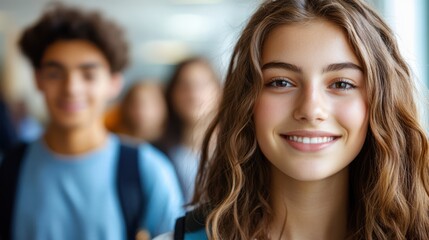 Portrait of a smiling teenage girl in a blue school uniform standing in a school corridor with friends in the background. Concept of education, friendship, and back-to-school season.