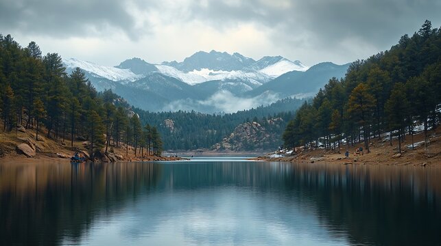 Manitou Lake on overcast day with snowy mountain pikes peak in background framed by patches of firest trees where people fish boat and hike : Generative AI