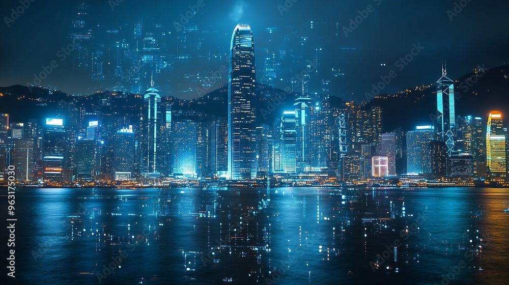 Fototapete Smart network and Connection technology concept Hong Kong digital city background at night in victoria harbour Cyberpunk color style Panorama view : Generative AI