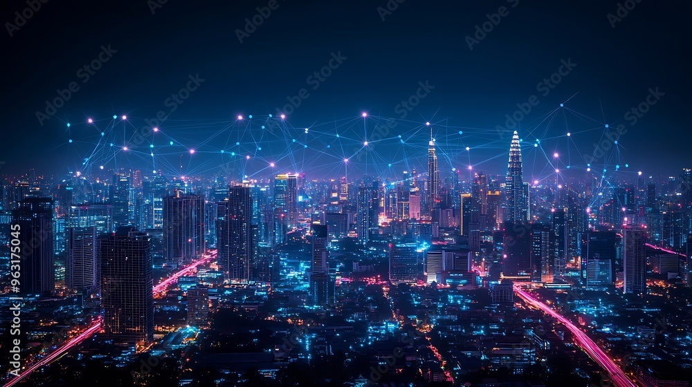 Aufkleber Wireless network and Connection technology concept with Abstract Bangkok city background in panorama view : Generative AI