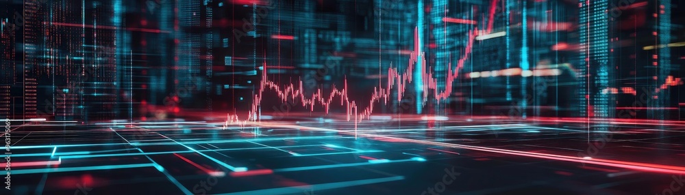 Poster futuristic data visualization with vibrant charts depicting market trends and analytics in a digital