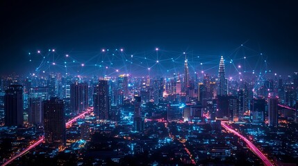 Wireless network and Connection technology concept with Abstract Bangkok city background in panorama view : Generative AI