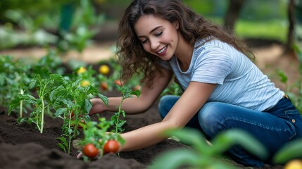 Fototapeta premium A young woman in jeans and a t-shirt smiles as she tends to her tomato plants in her garden.