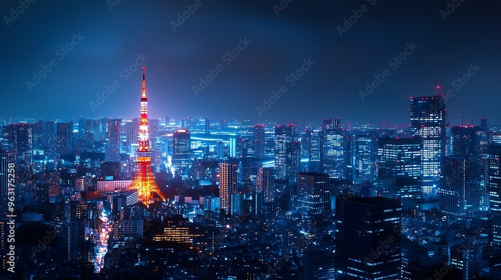 Poster wireless network and connection technology concept with tokyo city background at night in japan pano