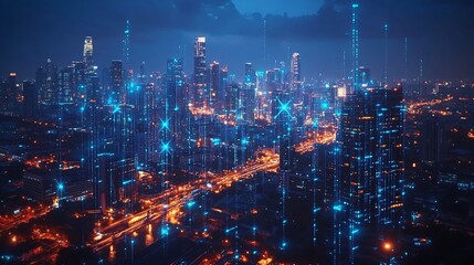 Energy Digitalization Smart city with Wireless network and Connection technology concept with Abstract Bangkok city background : Generative AI