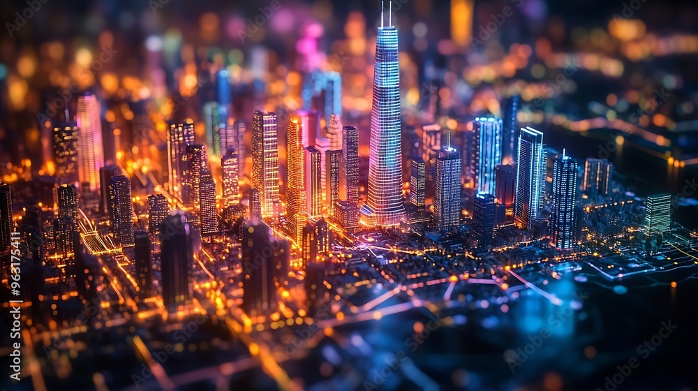 Fototapete Smart city and abstract dot point connect with gradient line big data connection technology concept : Generative AI