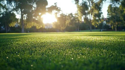 Naklejka premium Background texture of a large public local park with green and healthy grass and with some trees and residential houses in the distance Melbourne VIC Australia : Generative AI