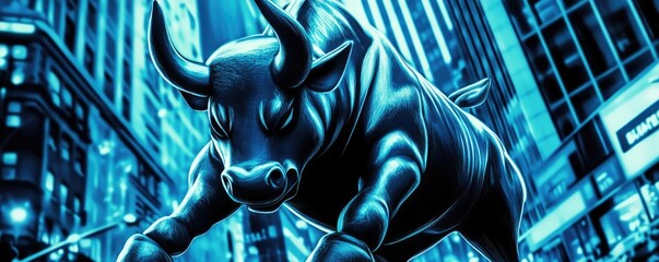 A powerful blue bull symbolizes strength and determination in an urban environment, representing financial growth and ambition.