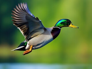 Obraz premium Drake in Flight: Mallard Anas Platyrhynchos Male Duck in Green Avian Migration