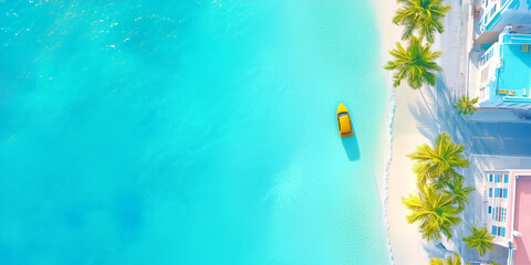 Aerial view of a yellow boat on clear turquoise waters