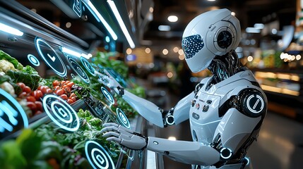 Fototapeta premium A futuristic robot selecting fresh produce in a modern grocery store, showcasing the blend of technology and daily life.