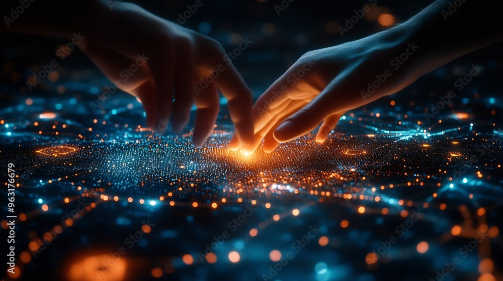 Aufkleber Digital transformation conceptual for next generation technology era AI Machine learning Hands touching the big data structure Digital data network connections Data transformation : Generative AI