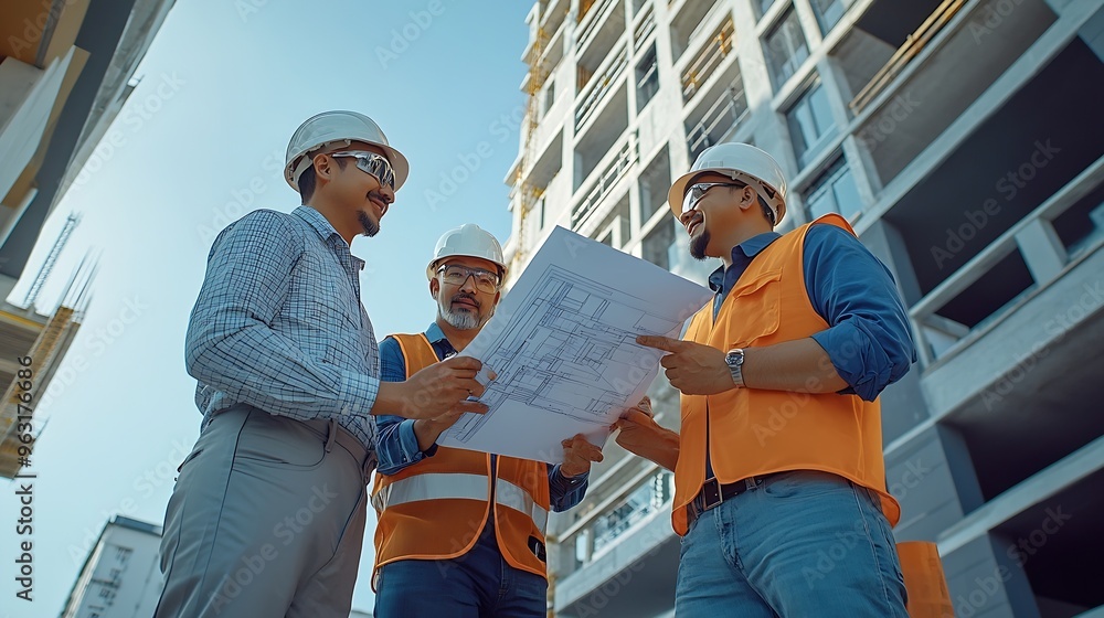 Leinwandbilder team engineer foreman architect meeting for colleagues discussing and checks construction blueprints