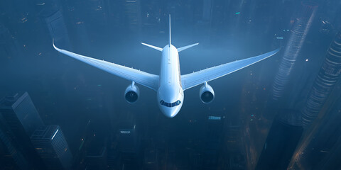 Airplane flying over a city skyline at twilight