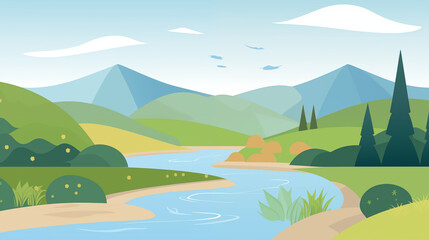 Serene River and Mountain Landscape with Lush Green Hills and Clear Sky