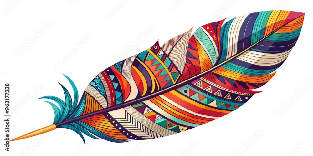 Wall mural a stylized illustration of a feather, with bold, graphic patterns and vibrant colors, set against a 