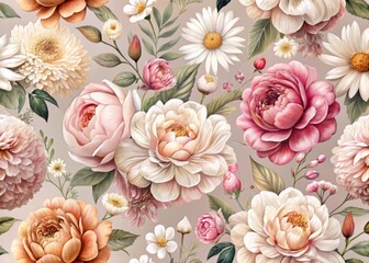 Dense floral pattern with peonies, roses, and daisies in shades of pink, peach, and cream, set against a soft gray background with subtle texture.
