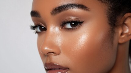 Fototapeta premium Detailed shot of a woman with perfect makeup application, including defined brows, radiant foundation, and glossy lips, emphasizing her polished beauty.