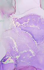 Abstract artwork featuring fluid purple shapes with gold accents capturing the essence of...