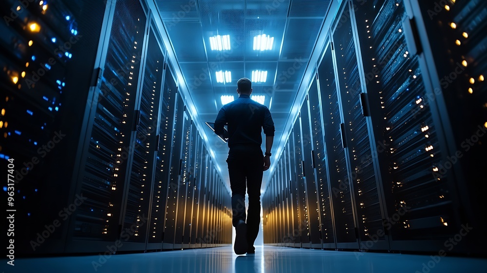 Aufkleber Male IT Specialist Walks Between Row of Operational Server Racks in Data Center Engineer Uses Tablet Computer for Maintenance Concept for Cloud Computing Artificial Intelligence Cybers : Generative AI