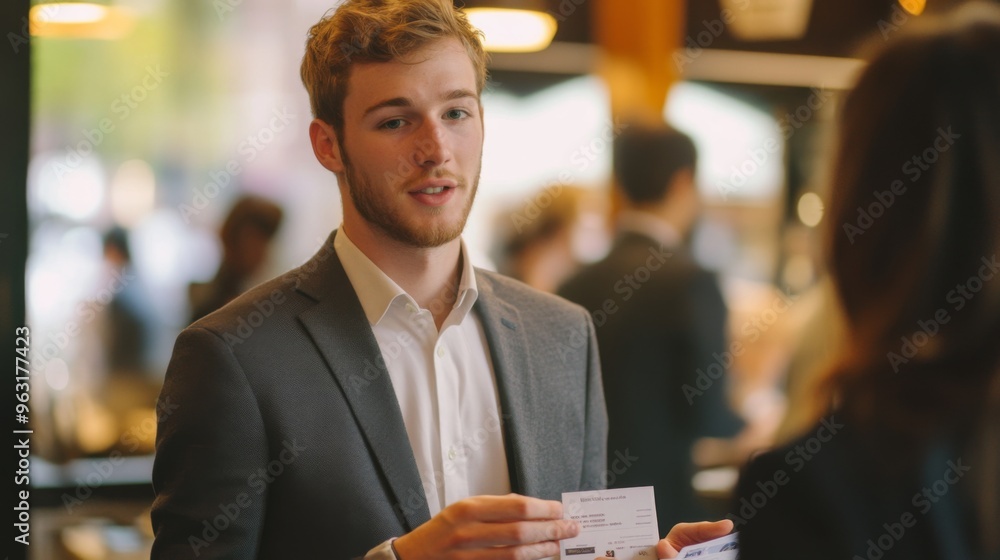 Poster detailed shot of a young businessman at a networking event, engaging in conversation and exchanging 