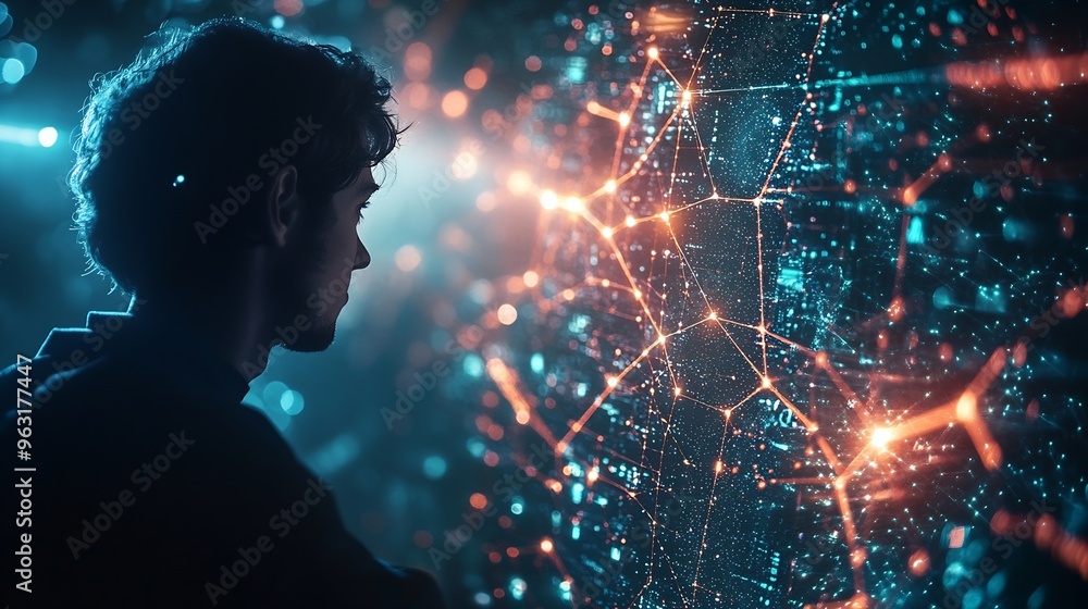 Fototapete Digital transformation internet network technology big data futuristic technology background man using computer with global network connection data link and exchange on virtual screen : Generative AI