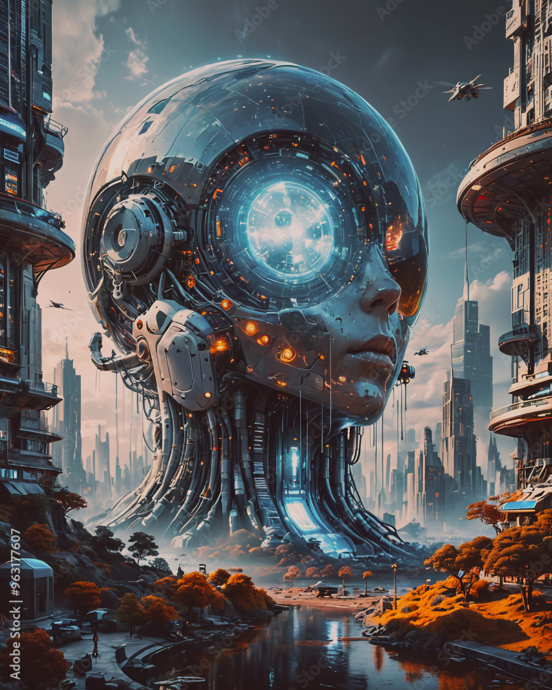 Poster 3d rendering of a futuristic robot head in a futuristic city.