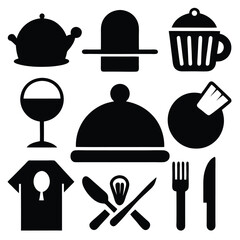 Restaurant Icons Silhouette, Line Art & Color Vector Set