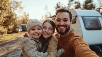 Happy young family with two children ltaking selfie with caravan at background outdoors : Generative AI