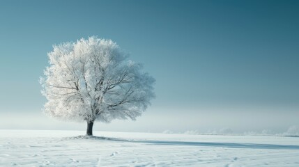 Winter white landscape with a lonely snowy tree on the field covered with hoarfrost and blue sky Greeting card with copy space horizontal wallpaper