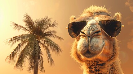 A cartoon camel is wearing sunglasses and a palm tree is behind it.
