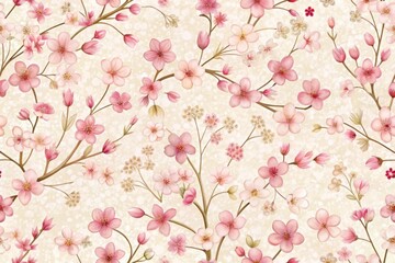 A whimsical repeat pattern of cherry blossoms in soft pink hues, scattered across a creamy white background with subtle texture, evoking a sense of delicate charm.
