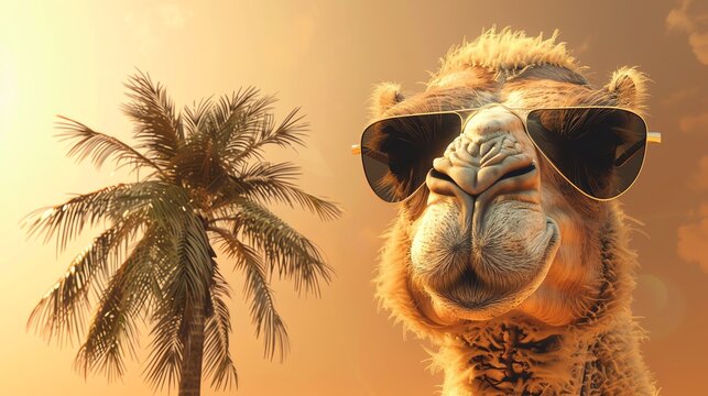 A cartoon camel is wearing sunglasses and a palm tree is behind it.